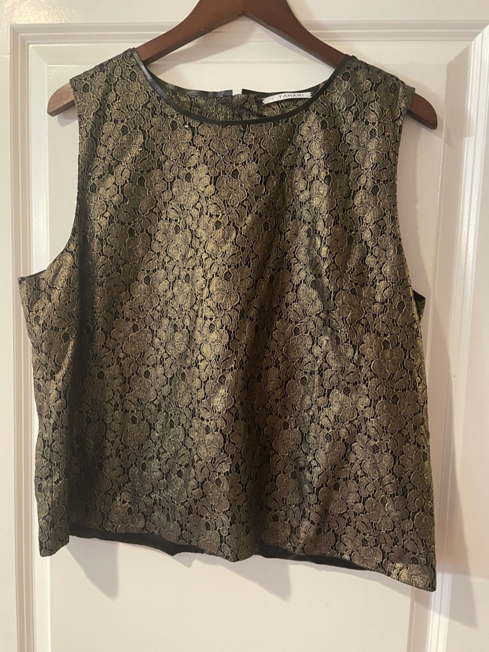Tahari Metallic Olive Lace Sleeveless Shell Top